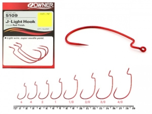 Крючки Owner оффсетные 5109 J-Light Hook Red size 02