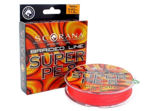 Шнур Scorana Super PE 8 150м 0,20мм 11,6 кг orange