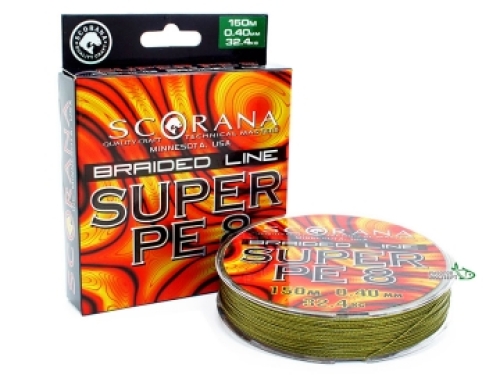 Шнур Scorana Super PE 8 150м 0,40мм 32,4кг green